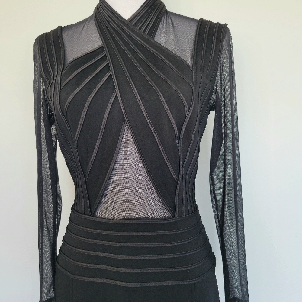 TADASHI Vintage Black Sheer Mesh Long Sleeves Front Slit Formal Gown Size Large